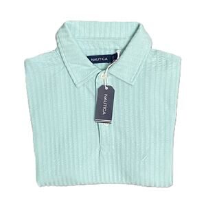 Nautica Men's Small Striped Short Sleeve Polo Shirt Seawater Blue NEW